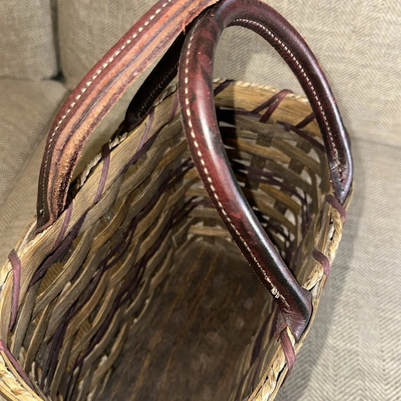 AMISH HANDMADE WOODEN LEATHER HANDLE CUSTOM MADE 8” BEAUTIFUL BASKET TOTE - Picture 4 of 13